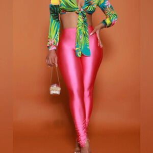 Shiny Hot Pink ruched leggings